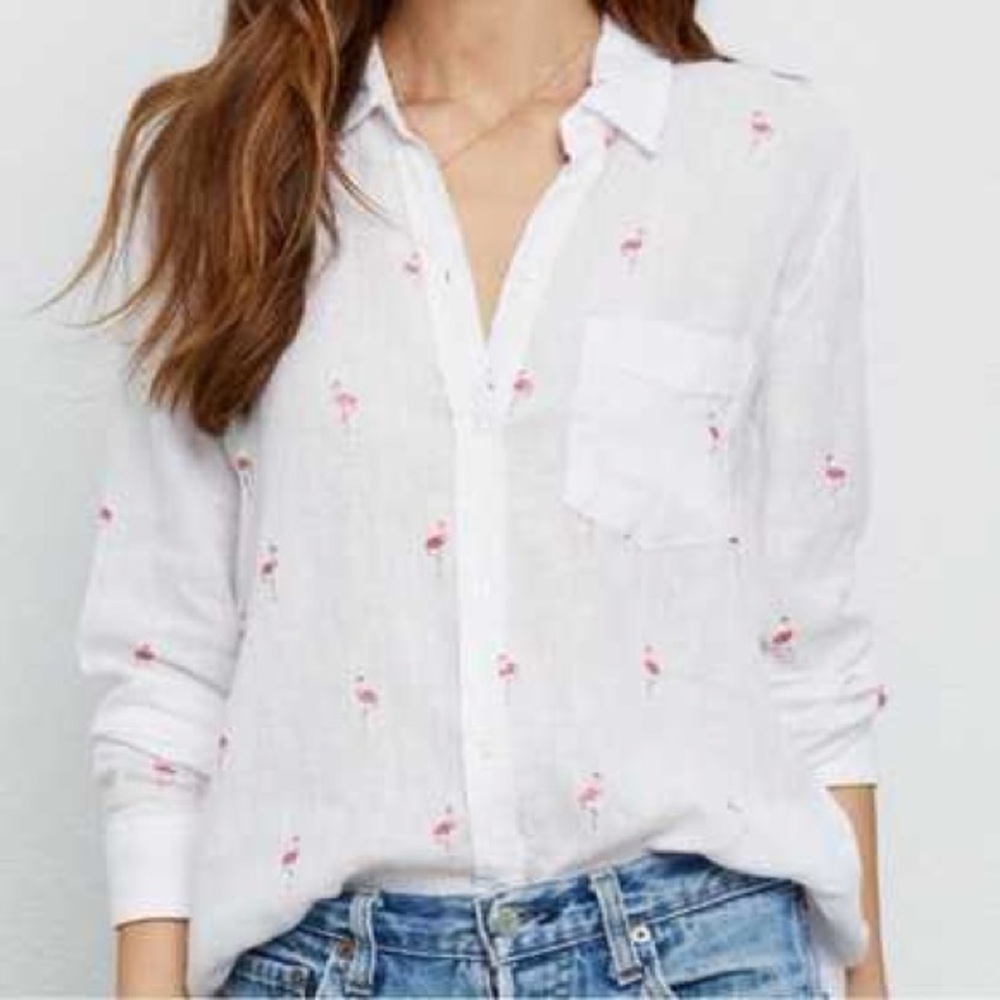 Rails Charli Button Down Linen Shirt with Pink Flamingos Size Small